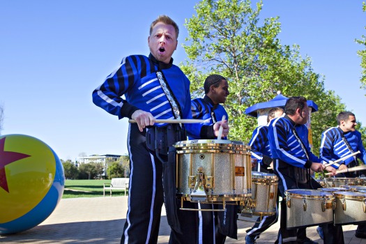 The Blue Devils Drum Corps greet press as they arrive at Monsters University Long Lead Press Days at Pixar Animation Studios. Emeryville, California. April 9, 2013 (Photo by Alexandra Ambrose/Pixar)