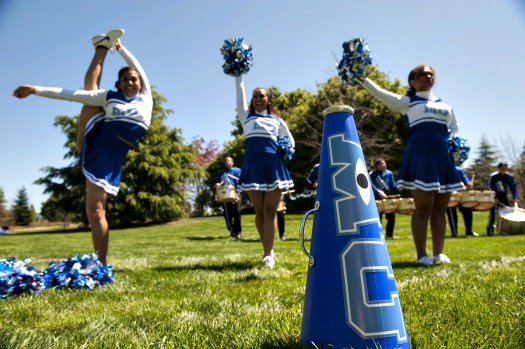 The Blue Devils Drum Corps and MU cheerleaders entertain press during a tailgate lunch at Monsters University Long Lead Press Days at Pixar Animation Studios. Emeryville, California. April 9, 2013 (Photo by Jessica Lifland/Pixar)