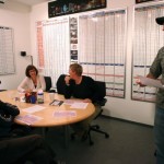 A Day in the Life of Monsters University, as seen during a Director and Producer check-in with (left to right) Supervising Technical Director Sanjay Bakshi, Director Dan Scanlon, Associate Producer Nicole Grindle, Producer Kori Rae and Production Manager David Park, as seen on October 8, 2012 at Pixar Animation Studios, in Emeryville, Calif. (Photo by Deborah Coleman / Pixar)