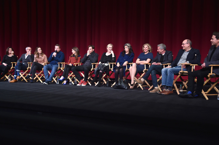 BEVERLY HILLS, CA - DECEMBER 18: (L-R) Costume designer Colleen Atwood, producer John DeLuca, actors Emily Blunt, James Corden, Anna Kendrick, Chris Pine, Meryl Streep, Tracey Ullman and Christine Baranski, producer Marc Platt, screenwriter James Lapine and cinematographer Dion Beebe speak onstage during the "Into the Woods" All Guild Q & A at AMPAS Samuel Goldwyn Theater on December 18, 2014 in Beverly Hills, California. (Photo by Alberto E. Rodriguez/Getty Images for The Walt Disney Company)