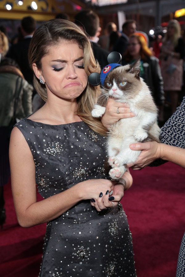 Sarah Hyland poses with Grumpy Cat as Disney Pictures presents the world premiere of "Cinderella" at the El Capitan Theatre in Los Angeles, California on Sunday, March 1, 2015. .(Photo: Alex J. Berliner/ ABImages)